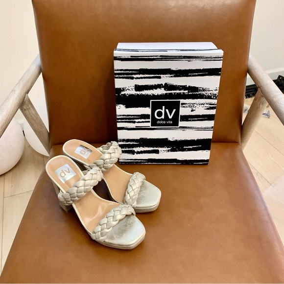 Gold Presley Braided Block Heel Sandals Slides - Picture 5 of 15